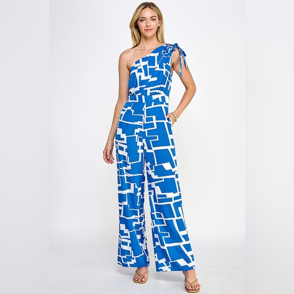 DO+BE One-Shoulder Royal Blue Geometric Wide-Leg Jumpsuit